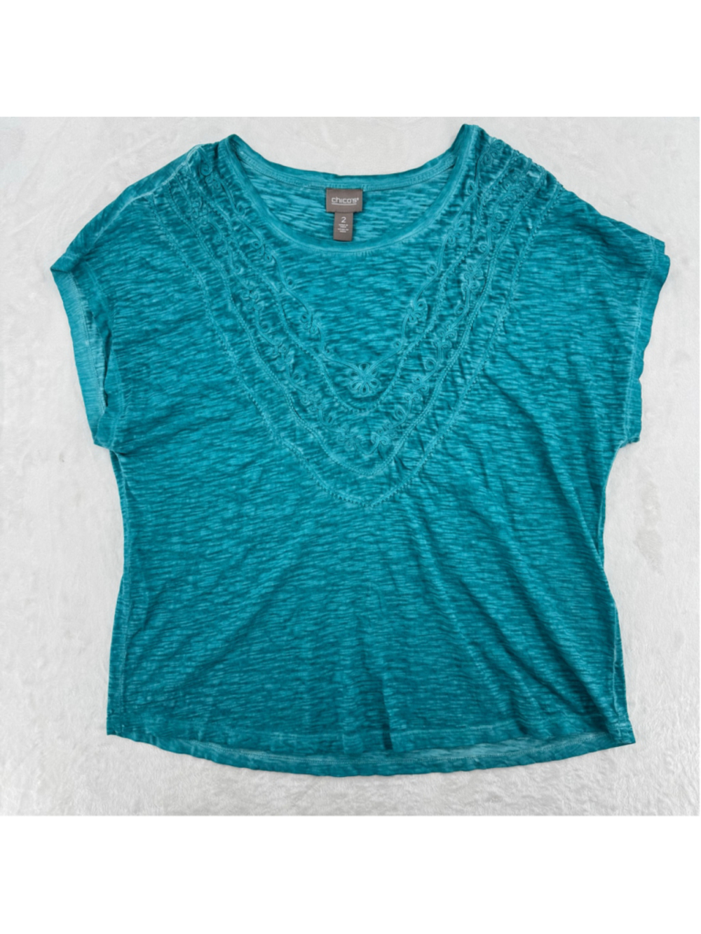 Chico's Turquoise Tee with Embroidery 100% Cotton Size 2/Large Boho Festival
